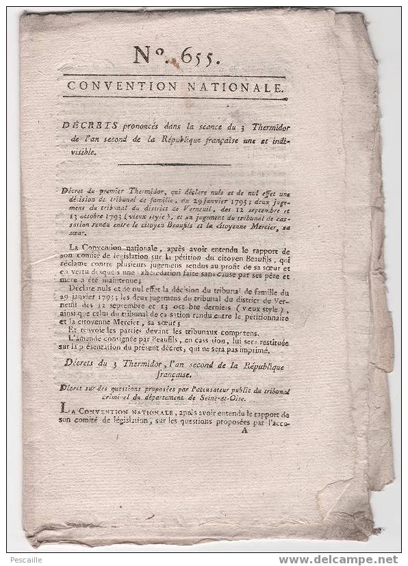 Decret De La Convention Nationale 3 Thermidor An II - Verneuil - Accusateur Public - Ladon - Breteuil - Chalamon - Nueil - Gesetze & Erlasse