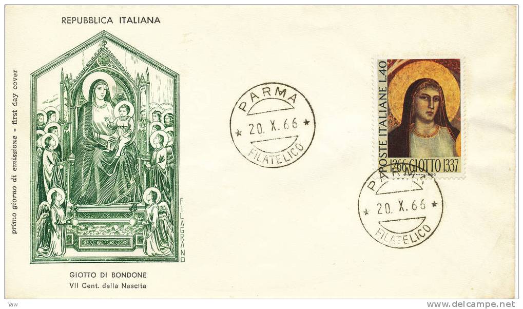 ITALIA 1966  FDC GIOTTO DI BONDONE: PITTORE . ANNULLO PARMA. - Madonnen