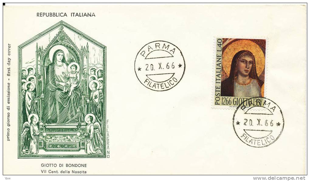 ITALIA 1966  FDC GIOTTO DI BONDONE: PITTORE . ANNULLO PARMA. - Madonna
