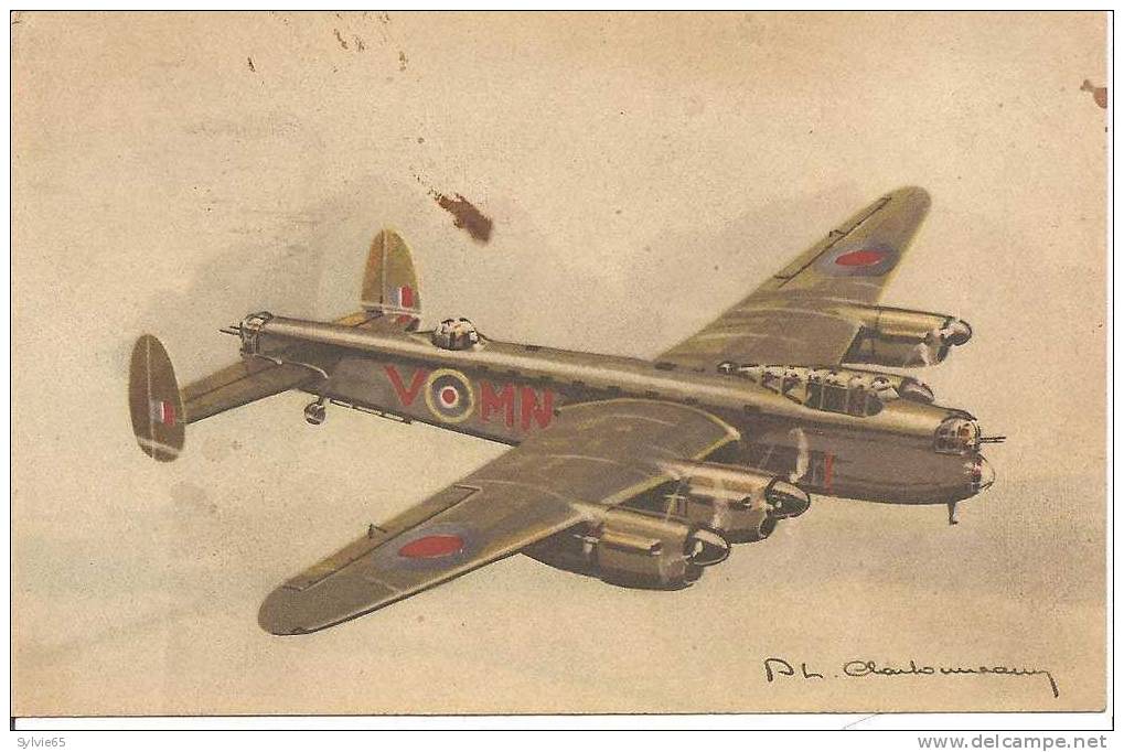 AVION    LANCASTER - Cpa Illustrée-(quelques Taches Marrons Sur La Carte) - 1939-1945: 2ème Guerre