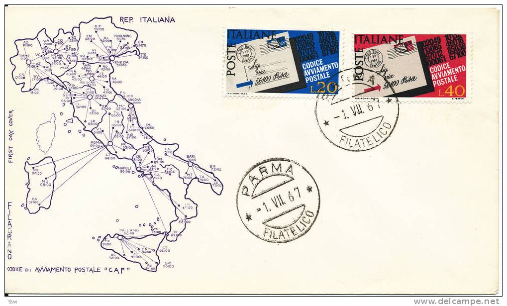 ITALIA 1967  FDC CODICE DI AVVIAMENTO POSTALE, 1° EMISSIONE. ANNULLO PARMA. - Código Postal
