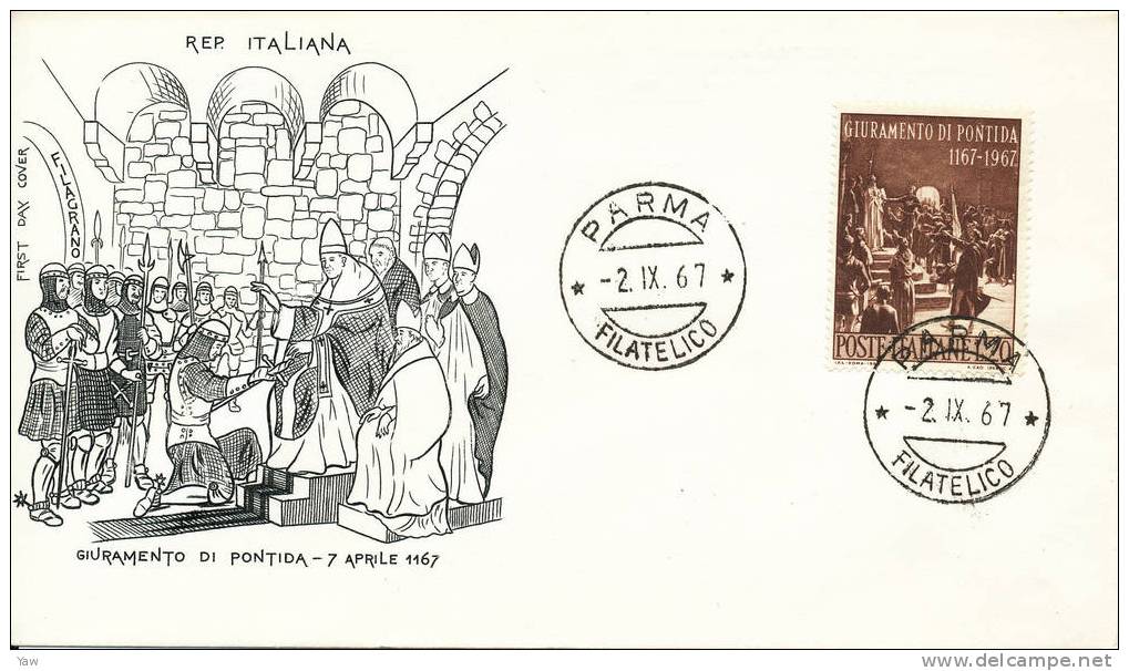 ITALIA 1967  FDC GIURAMENTO DI PONTIDA 7 APRILE 1167. ANNULLO PARMA. - Mitología