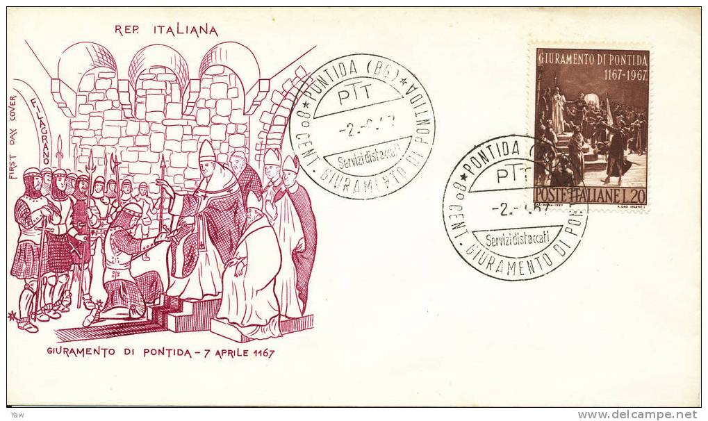 ITALIA 1967  FDC GIURAMENTO DI PONTIDA 7 APRILE 1167. ANNULLO SPECIALE PONTIDA. - Mitologia