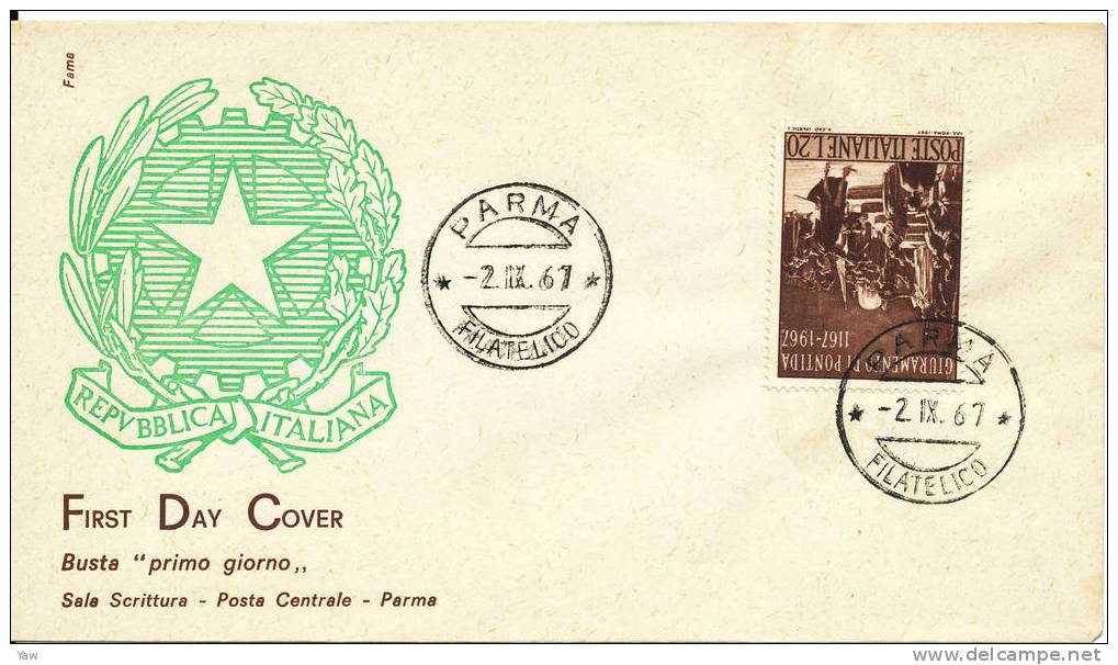 ITALIA 1967  FDC GIURAMENTO DI PONTIDA 7 APRILE 1167. ANNULLO PARMA. - Mythology