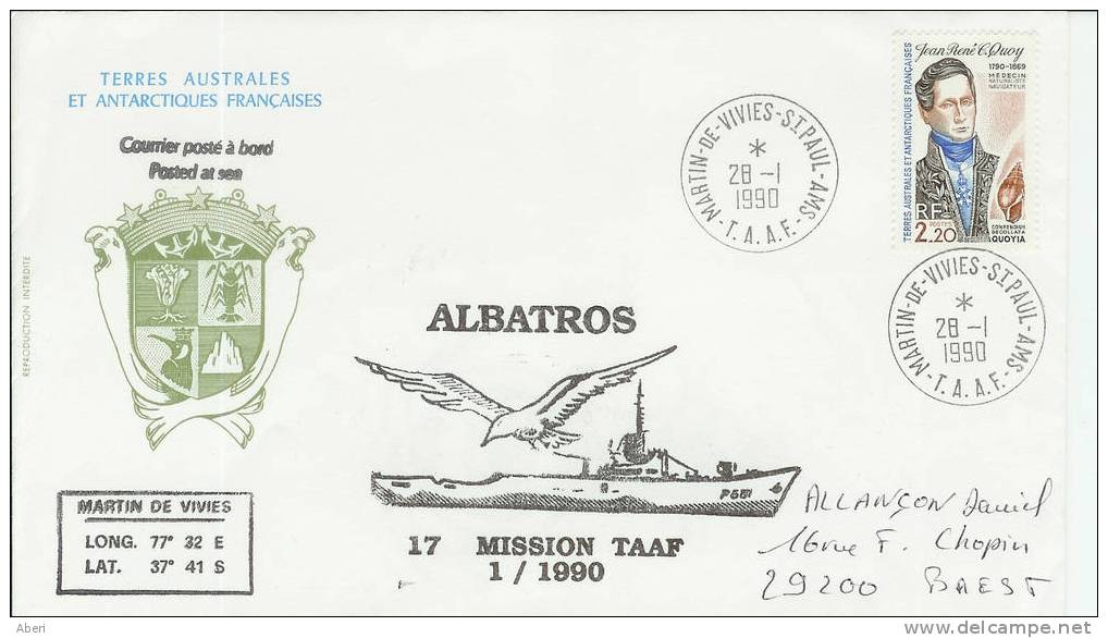 2857 PATROUILLEUR ALBATROS - St PAUL Et AMSTERDAM - 28-1-1990 -  N° 151 - Lettres & Documents