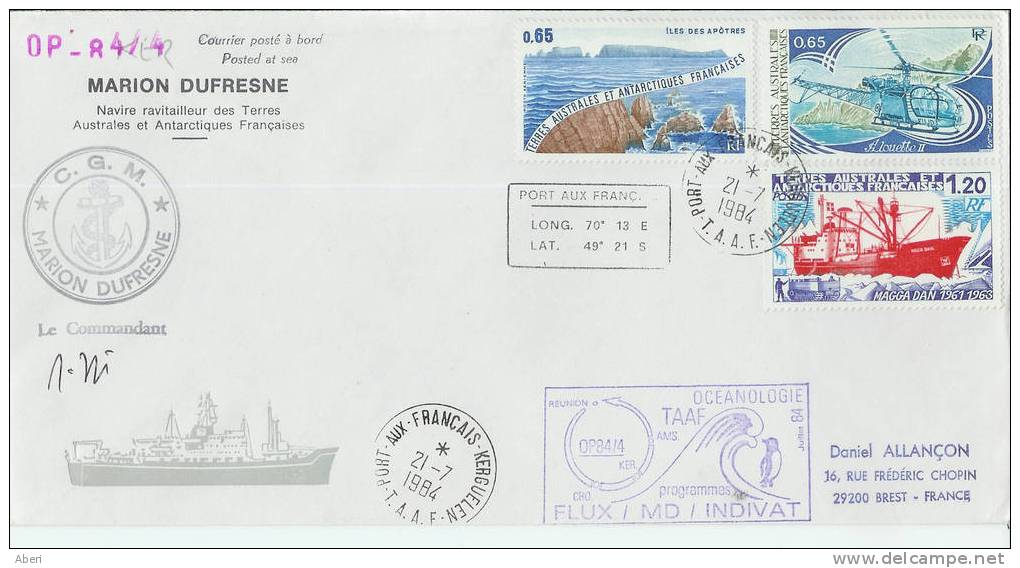 2865 MARION DUFRESNE - OP 84-4 - KERGUELEN - N° 66, 93, PA 73 - Cartas & Documentos