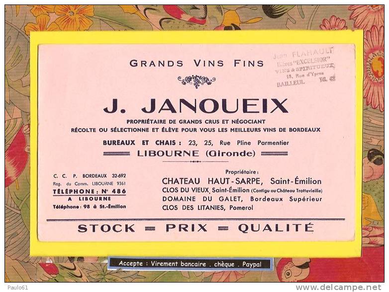BUVARD : Grands Vins Fins JANOUEIX LIBOURNE - Licores & Cervezas