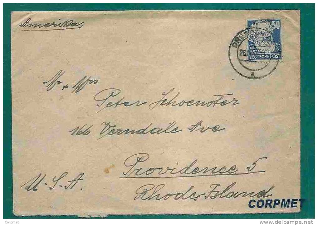 KARL MARX - Solo On  GERMANY 1949 COVER From DRESDEN To PROVIDENCE, RI - Yvert # 44 - 50p Outremer - Karl Marx