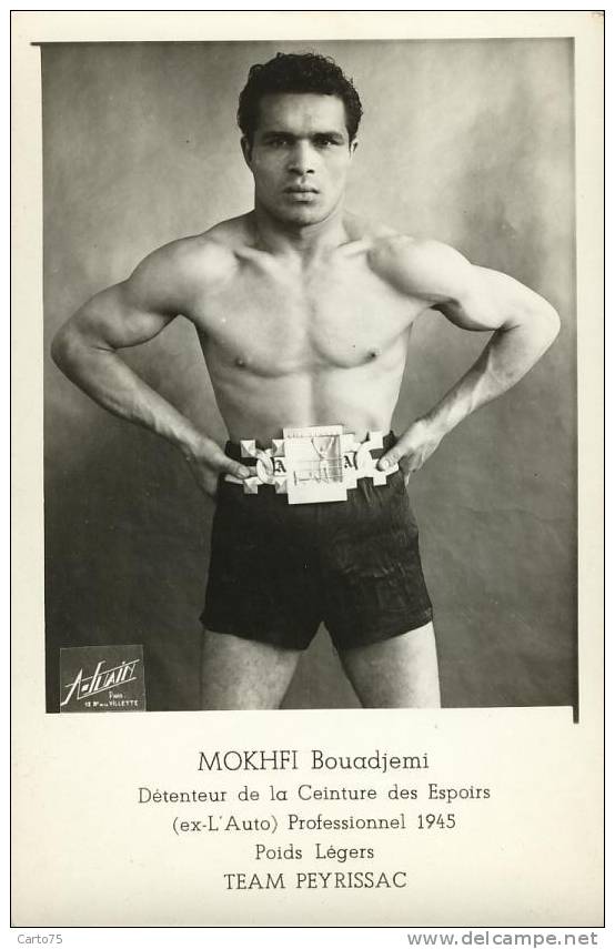 SPORTS - BOXE - Carte Photo - Mokhfi Bouadjemi - Ceinture Espoirs 1945 - Team Peyrissac - Boxe