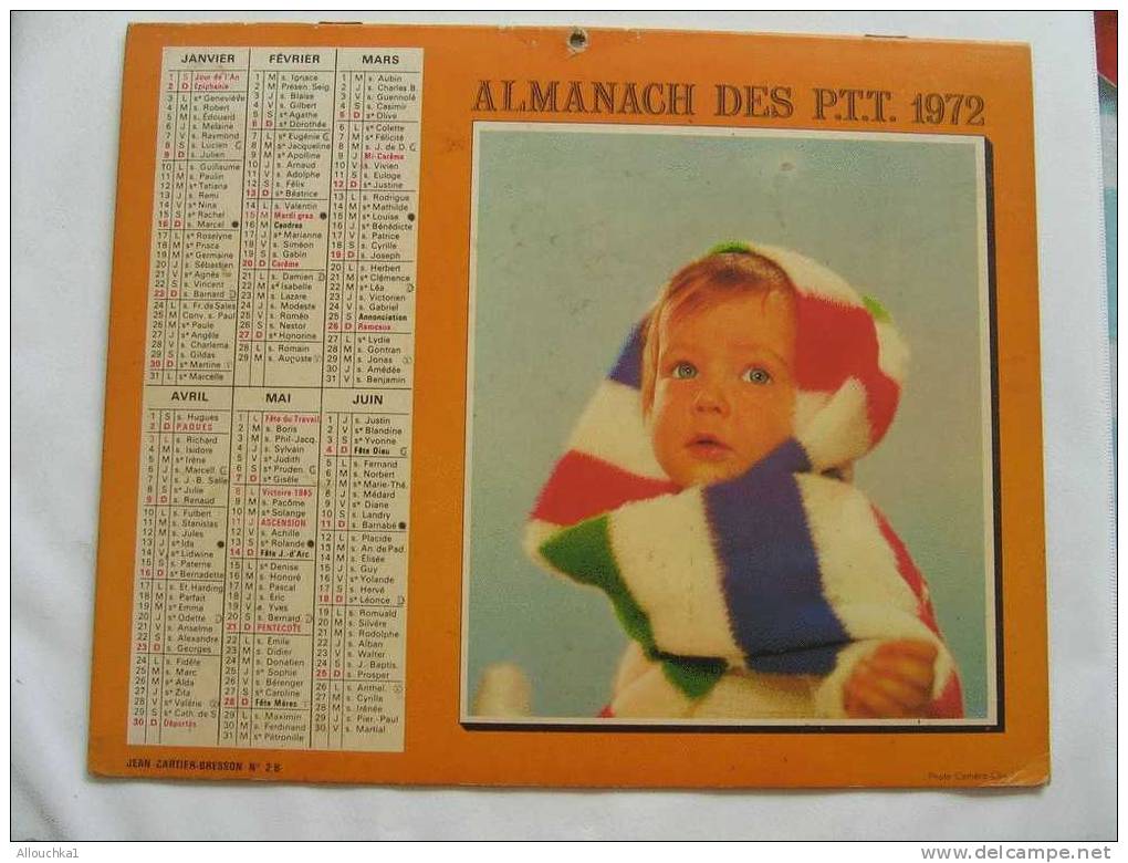 CALENDRIER DES P.T.T. DE 1972 DOUBLE ENFANT+ECHARPE MULTICOLORE /ELEPHANT COMPLET A L' INTERIEUR - Groot Formaat: 1971-80