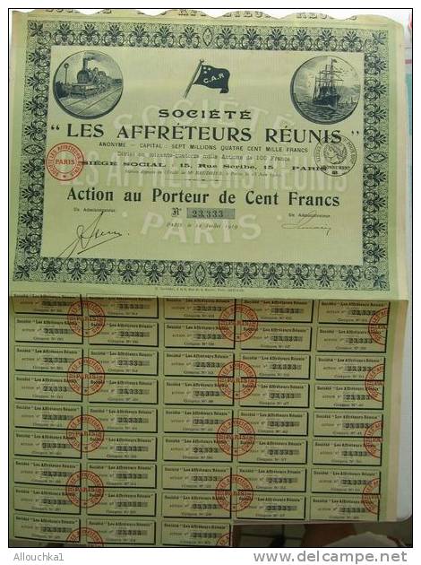 SCRIPOPHILIE COLLECTIONNEURS D'ACTIONS /TITRES De BOURSE PERIMES LES AFFRETEURS REUNIS 1919 100 F PORTEUR TRAIN BATEAU - Industry