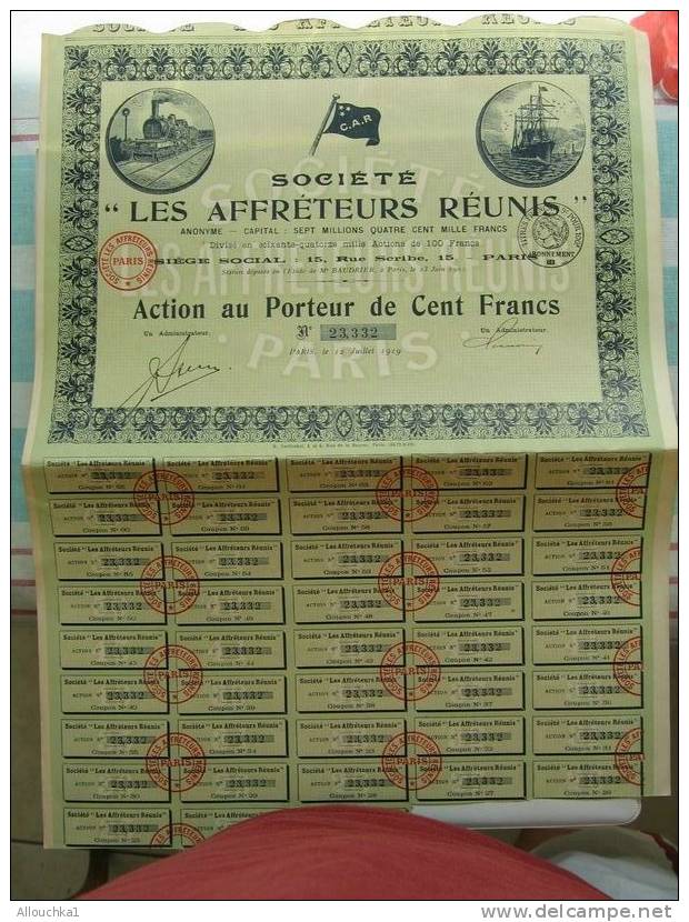 SCRIPOPHILIE COLLECTIONNEURS D'ACTIONS /TITRES De BOURSE PERIMES LES AFFRETEURS REUNIS 1919 100 F PORTEUR TRAIN BATEAU - Industry
