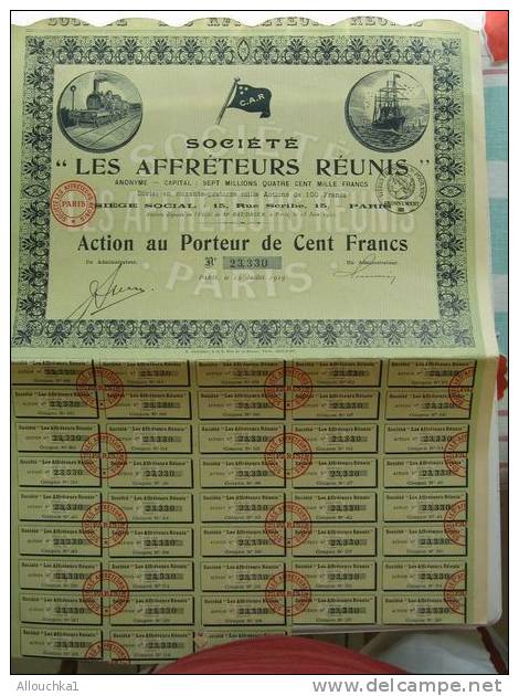 SCRIPOPHILIE COLLECTIONNEURS ACTIONS TITRES BOURSE PERIMES AFFRETEURS REUNIS 1919-100 F PORTEUR Gravures TRAIN BATEAU - Transport