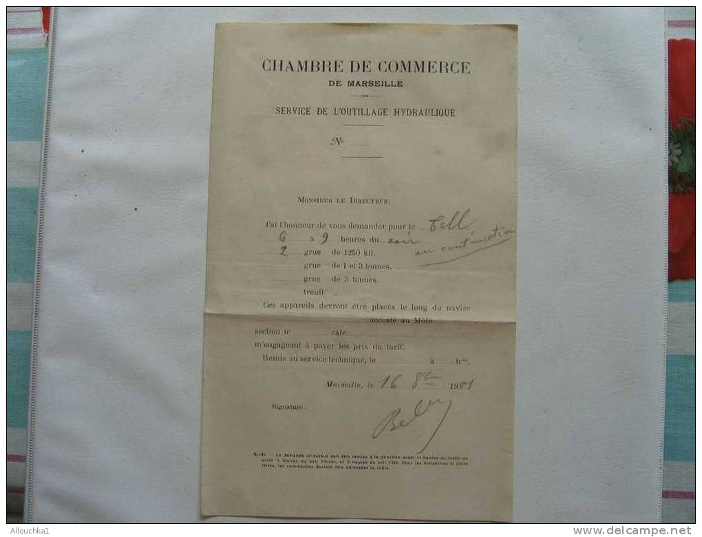 CONNAISSEMENT CHAMBRE COMMERCE MARSEILLE OUTILLAGE HYDRAULIQUE DEMANDE DE PLACE P/ BATEAU LE TELL EN CONTINUATION 1901 - Verkehr & Transport