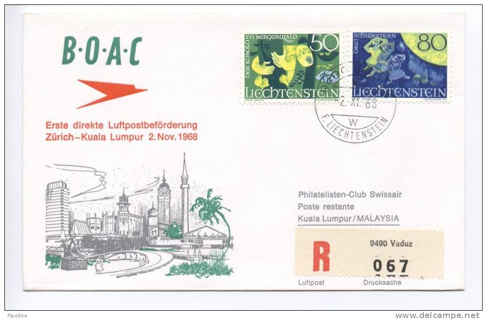 Liechtenstein B.O.A.C.first Mail Flight Zurich - Kuala Lumpur 2-11-1968 - Lettres & Documents