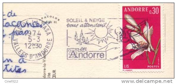 Andorre, Flamme "Soleil Et Neige Vous Attendent En Andorre" (Ski / Skieur), Sur C.P., 1974 - Autres & Non Classés