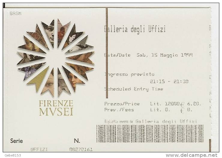 TICKET D´ENTRéE A LA GALLERIA DEGLI UFFIZI DE FLORENCE - ITALIE - - Andere & Zonder Classificatie