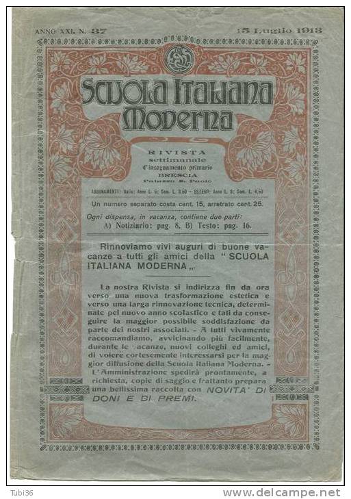 SCUOLA ITALIANA MODERNA - RIVISTA  SETTIMANALE  15 LUGLIO 1913 - A Identifier