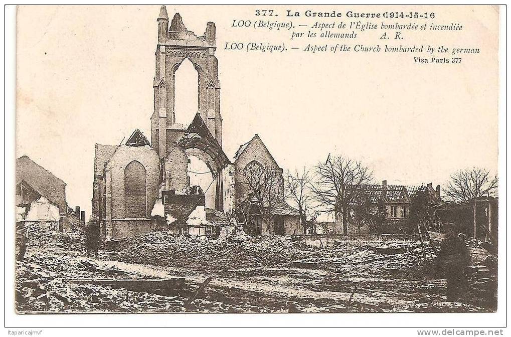 Loo En Belgique:guerre:église Bombardée Et Incendié Avec Personne - Lo-Reninge