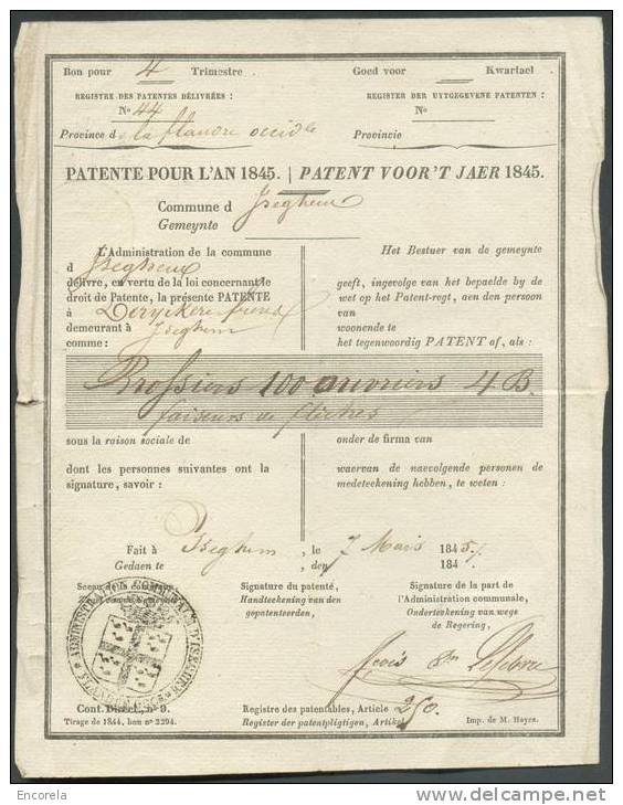 PATENTE établie à ISEGHEM En 1845 (7/3) + Cachet Administration Communale Et Timbre à L´Extraordinaire De 45c. + Timbre - Documentos