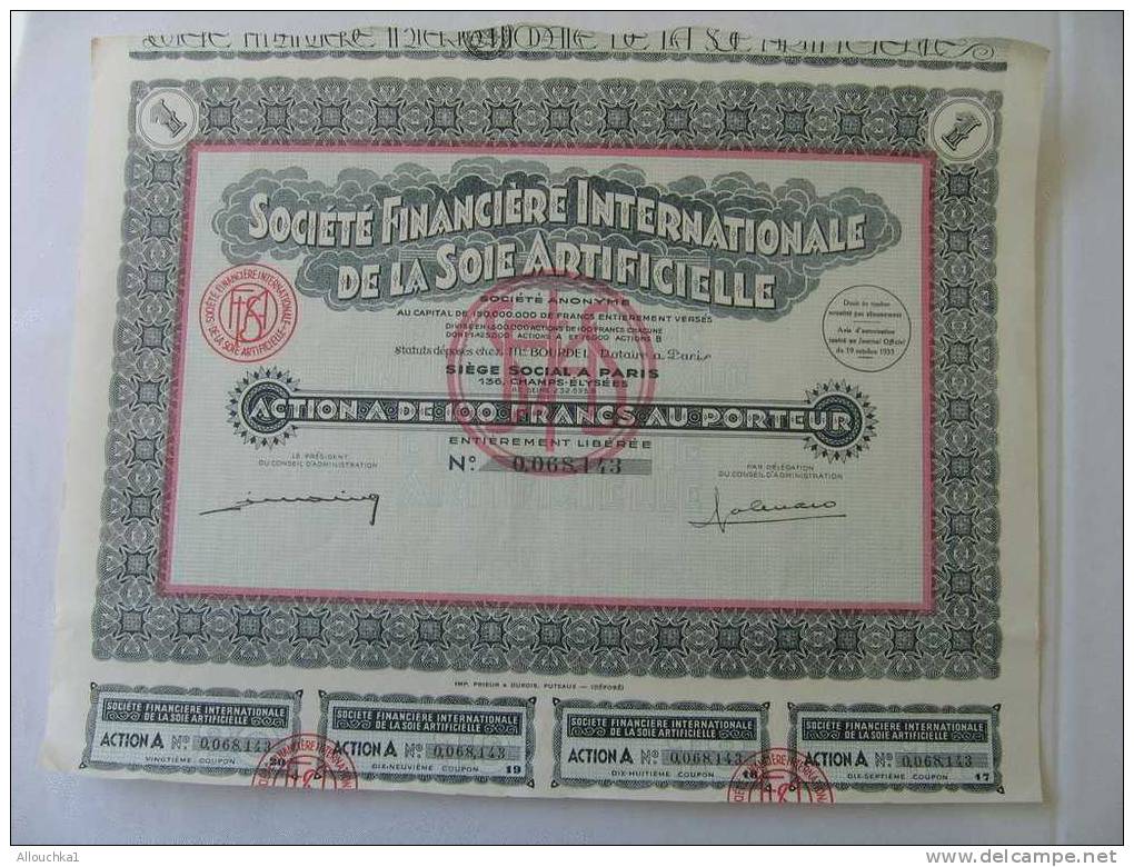 SOCIété FINANCIERE INTERNATIONALE DE SOIE ARTIFICIELLE 1933   SCRIPOPHILIE:COLLECTIONNEUR TITRE ACTION BOURSEPERIMES - Textile