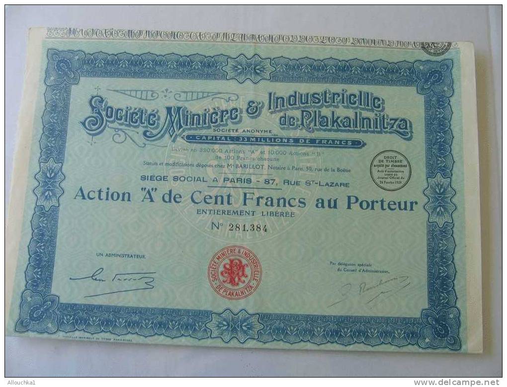 SOCIETE MINIERE & INDUSTRIELLE DE PLAKALNITZA  S.A.PARIS  SCRIPOPHILIE : COLLECTIONNEUR TITRE / ACTION BOURSE PERIMES - Mineral