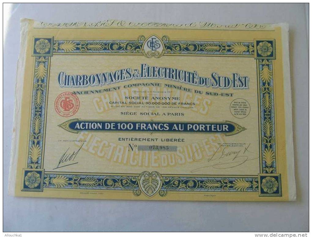 CHARBONNAGES & ELECTRICITE DU SUD EST S.A. PARIS 1917 SCRIPOPHILIE : COLLECTIONNEUR TITRE / ACTION /BOURSE/PERIMES - Electricité & Gaz