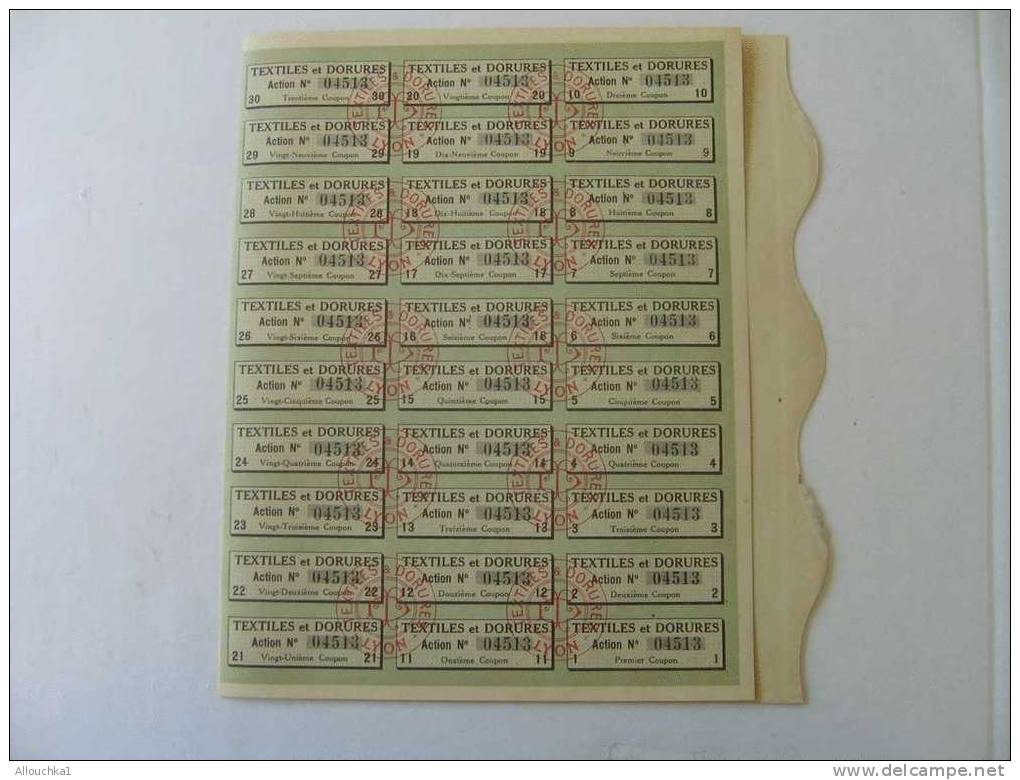 SCRIPOPHILIE : COLLECTIONNEUR TITRE / ACTION /BOURSE/PERIMESTEXTILES & DORURES  S.A. LYON 1925 - Textile