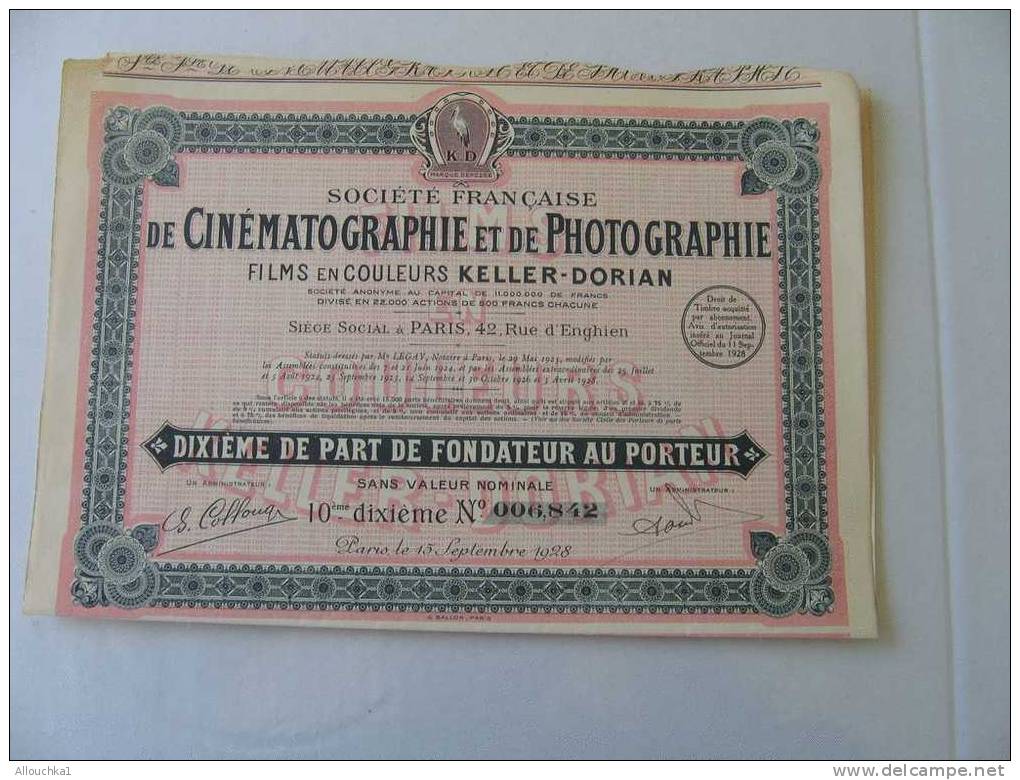 SCRIPOPHILIE COLLECTIONNEUR TITRE ACTION BOURSE/PERIMES: CinémCINEMATOGRAPHIE & PHOTOGRAPHIE FILMS KELLER-DO.A PARIS1928 - Cinema & Teatro