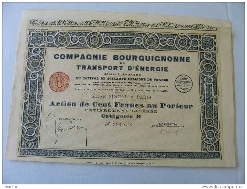 SCRIPOPHILIE : COLLECTIONNEUR TITRE / ACTION /BOURSE/PERIMES:CIE BOURGUIGNONNE TRANSPORT D' ENERGIE  S.A.PARIS 1929 - Electricité & Gaz