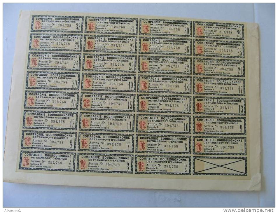 SCRIPOPHILIE : COLLECTIONNEUR TITRE / ACTION /BOURSE/PERIMES:CIE BOURGUIGNONNE TRANSPORT D' ENERGIE  S.A.PARIS 1929 - Elektrizität & Gas