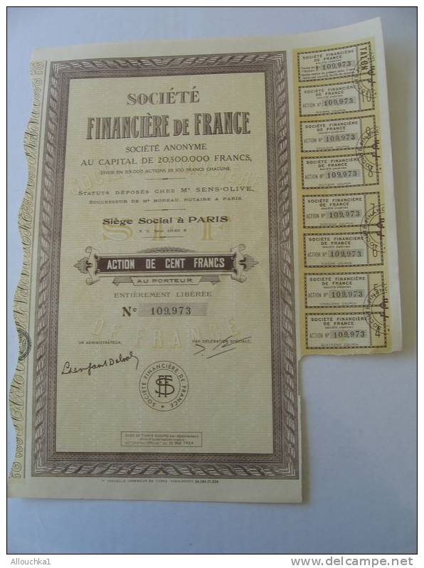 SCRIPOPHILIE : COLLECTIONNEUR TITRE / ACTION /BOURSE/PERIMES: SOCIETE FINANCIERE DE FRANCE S.A. PARIS 1934 - Bank En Verzekering