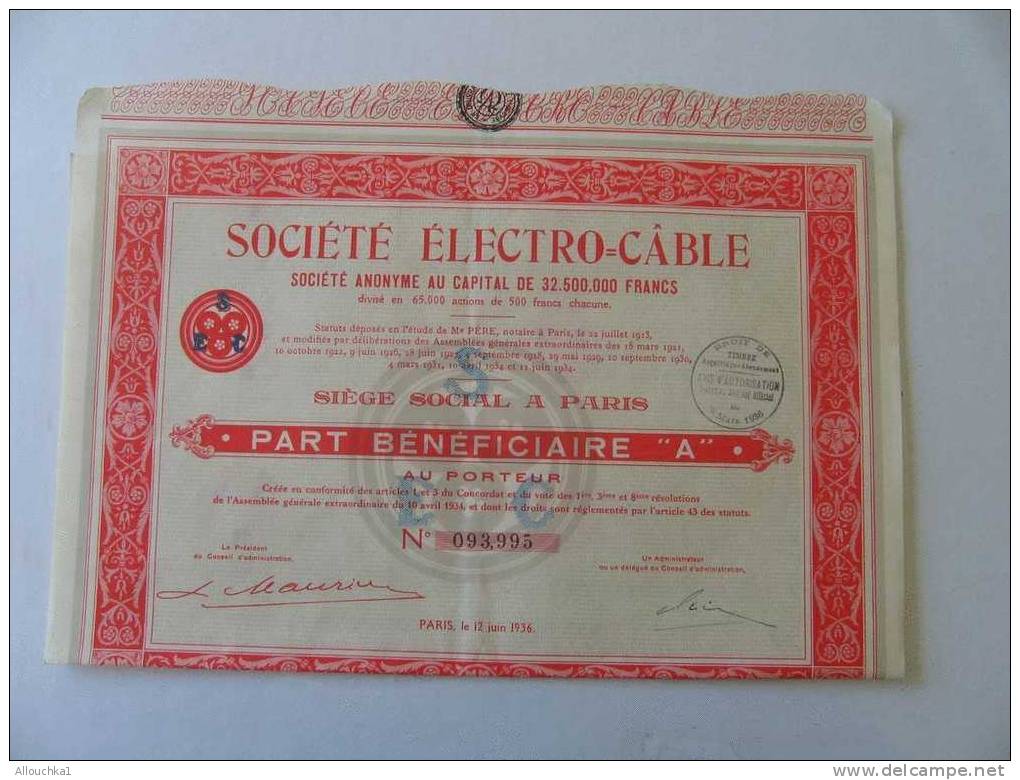 SCRIPOPHILIE: COLLECTIONNEUR TITRE / ACTION /BOURSE/PERIMES: SOCIETE ELECTRO-CABLE  PARIS 1936 - Electricidad & Gas