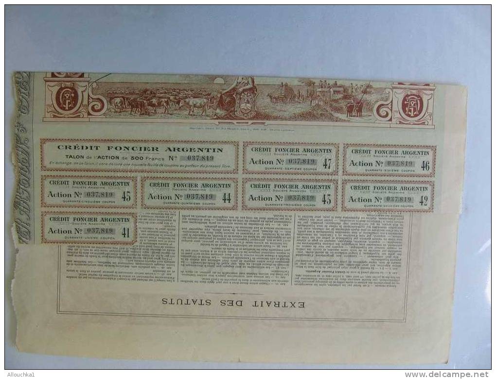 SCRIPOPHILIE: COLLECTIONNEUR TITRE / ACTION /BOURSE/PERIMES: CREDIT FONCIER ARGENTIN PARIS 1920 - Bank & Versicherung