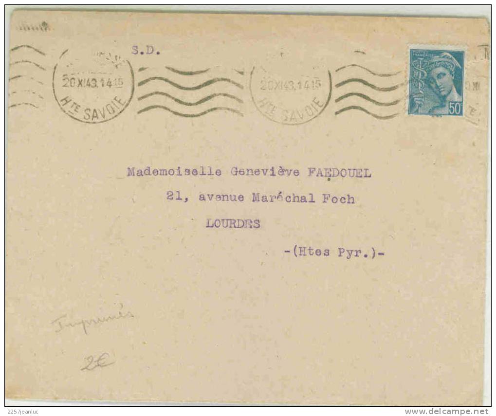 N:549 Mercure 50c+  Oblit Du 20/11/1943 - Storia Postale