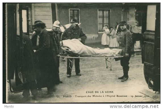 CRUE De La SEINE -Paris- Transport Des Malades à L'Hopital BOUCICAUT 29/1/1910 - Ambulances-pompiers-police-militaire GP - Floods