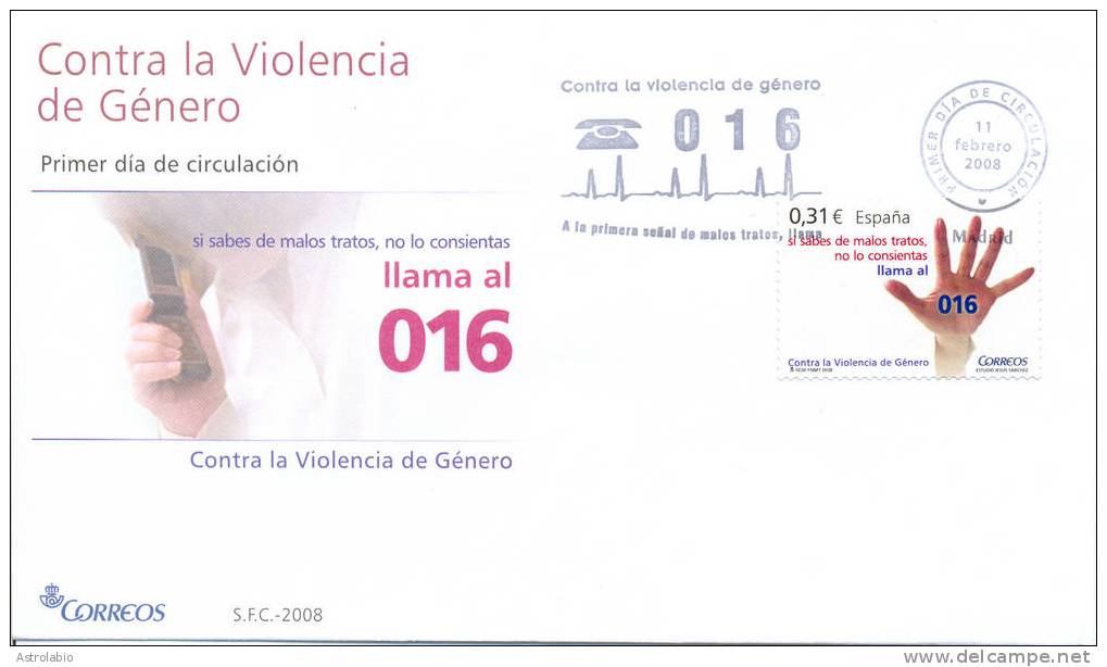 Espagne FDC 2008 " Contra La Violencia De Género " Main,  Nouveauté - Mother's Day