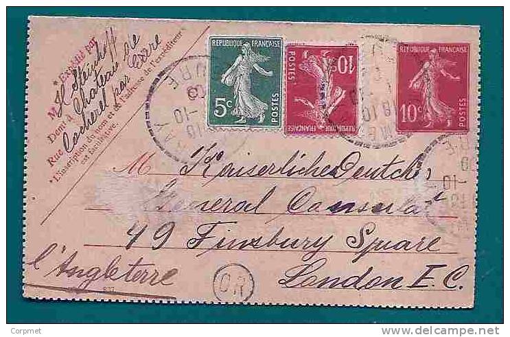 FRANCE - 1909 UPRATED ENTIER POSTAUX Type SEMEUSE FOND PLEIN From CHAMBRAY Par EURE To LONDON - OR Dans Un Cercle - Letter Cards