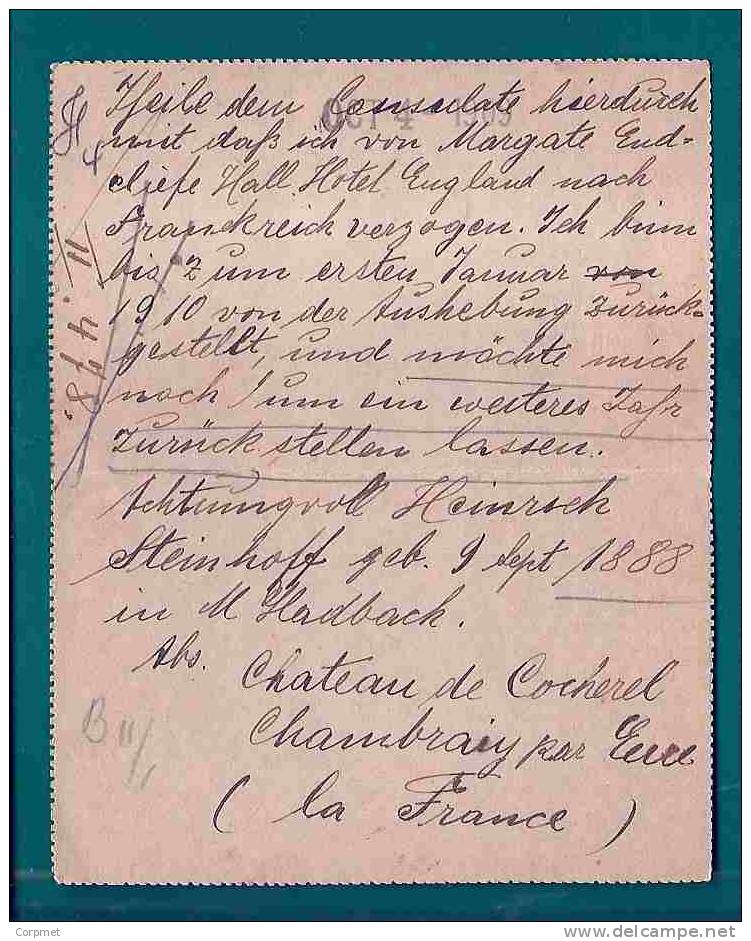 FRANCE - 1909 UPRATED ENTIER POSTAUX Type SEMEUSE FOND PLEIN From CHAMBRAY Par EURE To LONDON - OR Dans Un Cercle - Kaartbrieven