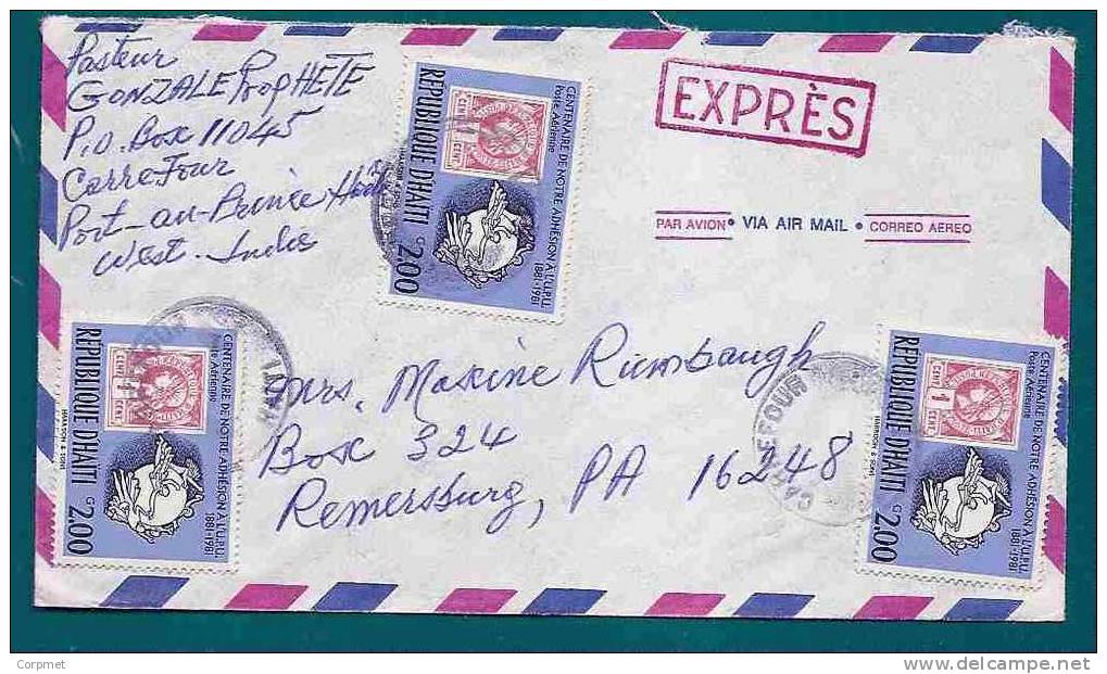 STAMPS On STAMPS - VF HAITI EXPRES COVER - 3 STAMPS - From PORT Au PRINCE To RIMESBURG, PA - Timbres Sur Timbres