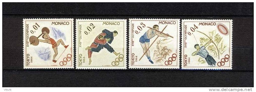 Monaco : J.O. Tokyo 1964, 4 Timbres Neufs, Gomme D´Origine, Haltérophilie, Judo, Saut à La Perche, Tir à L´Arc. - Ete 1964: Tokyo