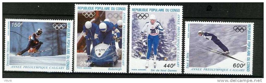 Congo : J.O. Calgary 1988, Poste Aérienne, 4 Timbres Neufs, Gomme D'Origine, Ski De Fond, Descente, Bobsleigh, Saut. - Inverno1988: Calgary