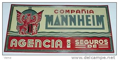 OLD METAL PLATE INSURANCE COMPANY MANNHEIM - ANTIGUA CHAPA DE HOJALATA LITOGRAFIADA AÑOS 40 COMPAÑIA DE SEGUROS MANNHEIM - Assurance