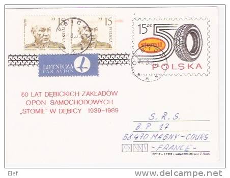 Carte-lettre De POLOGNE / POLSKA  De Debica, Thème " PNEU STOMIL , Cinquantenaire",pour Magny-Cours (Nièvre) 1989, TB - Otros (Tierra)