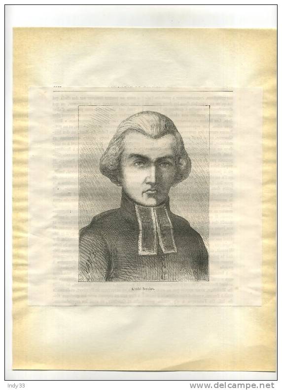 - PORTRAIT DE L´ABBE BERNIER  .   GRAVURE SUR BOIS DU XIXe S.  DECOUPEE ET COLLEE SUR PAPIER - Religion & Esotérisme