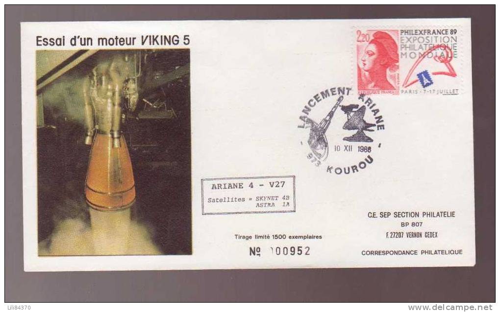 FDC . ARIANE  .Vol  27  10. 12.1988.  SEP  St Médard .  No.952 - Europa