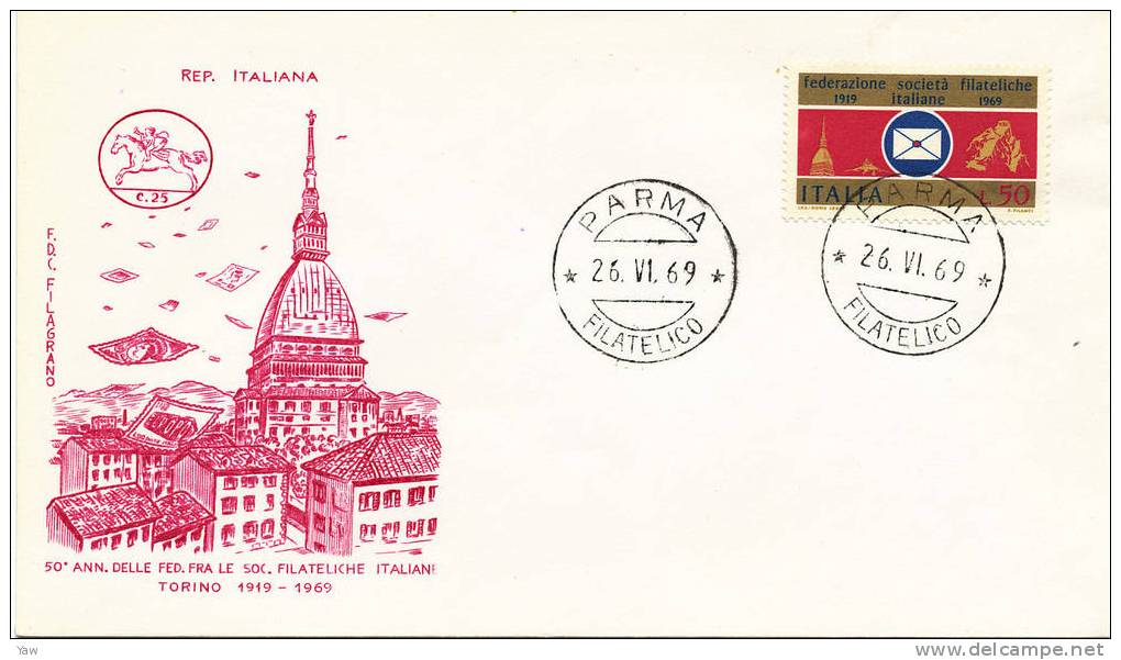 ITALIA 1969  FDC 50° DELLA FEDERAZIONE TRA LE SOCIETÀ FILATELICHE ITALIANE. ANNULLO PARMA. - Sonstige & Ohne Zuordnung