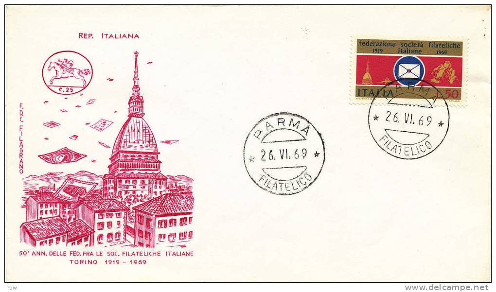 ITALIA 1969  FDC 50° DELLA FEDERAZIONE TRA LE SOCIETÀ FILATELICHE ITALIANE. ANNULLO PARMA. - Andere & Zonder Classificatie