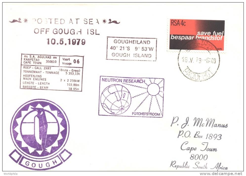 South Africa Antarctic "South Pole" "Ms Agulhas Ship Voyage 06" Gough Island PM Cover 1979 - Other & Unclassified