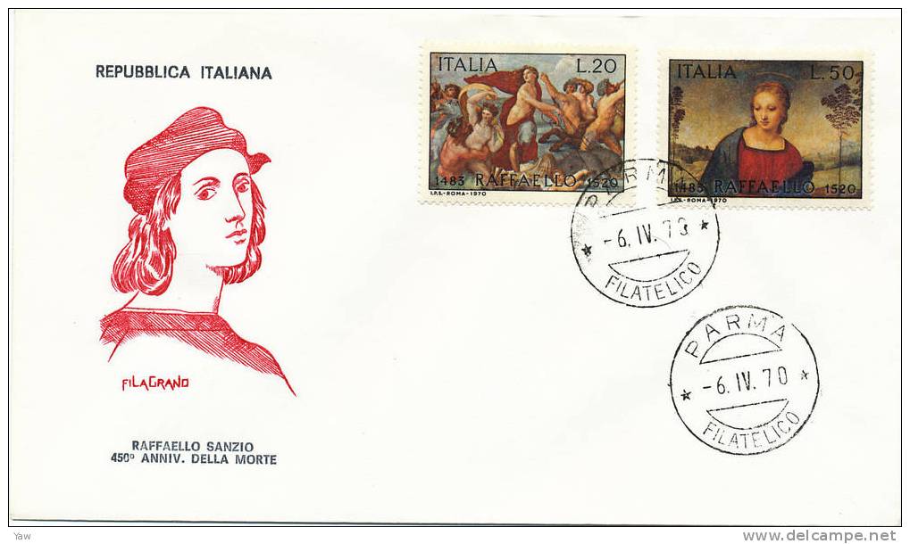 ITALIA 1970  FDC RAFFAELLO SANZIO PITTORE ARCHITETTO 1483-1520. ANNULLO PARMA. - Religieux